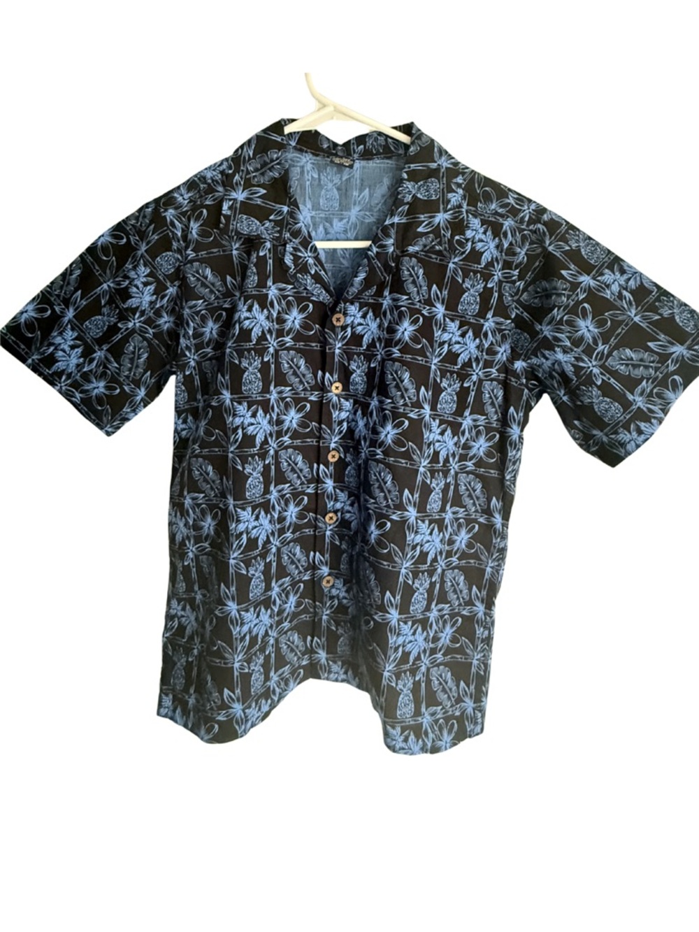 Men's Black Hawaiian Button-Up Shirt with Light Blue Floral Print